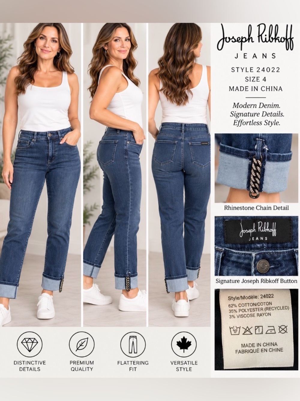 Joseph Ribkoff Dark Blue Straight Leg Jeans with Rhinestone Chain Cuff